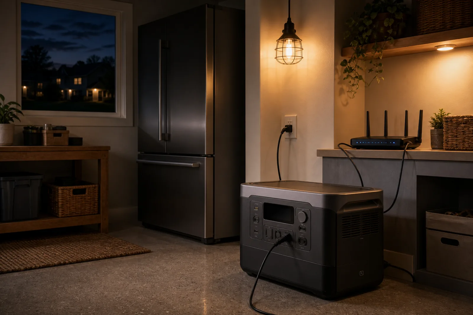 Portable home-backup power station supplying a refrigerator, router and essential lighting