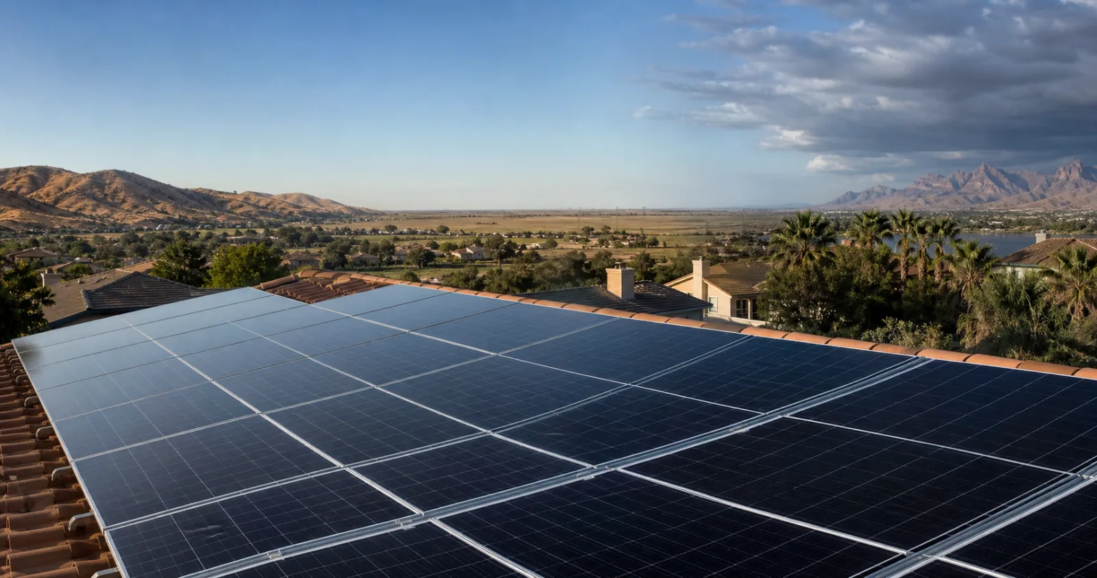 Residential rooftop solar array across varied American landscapes